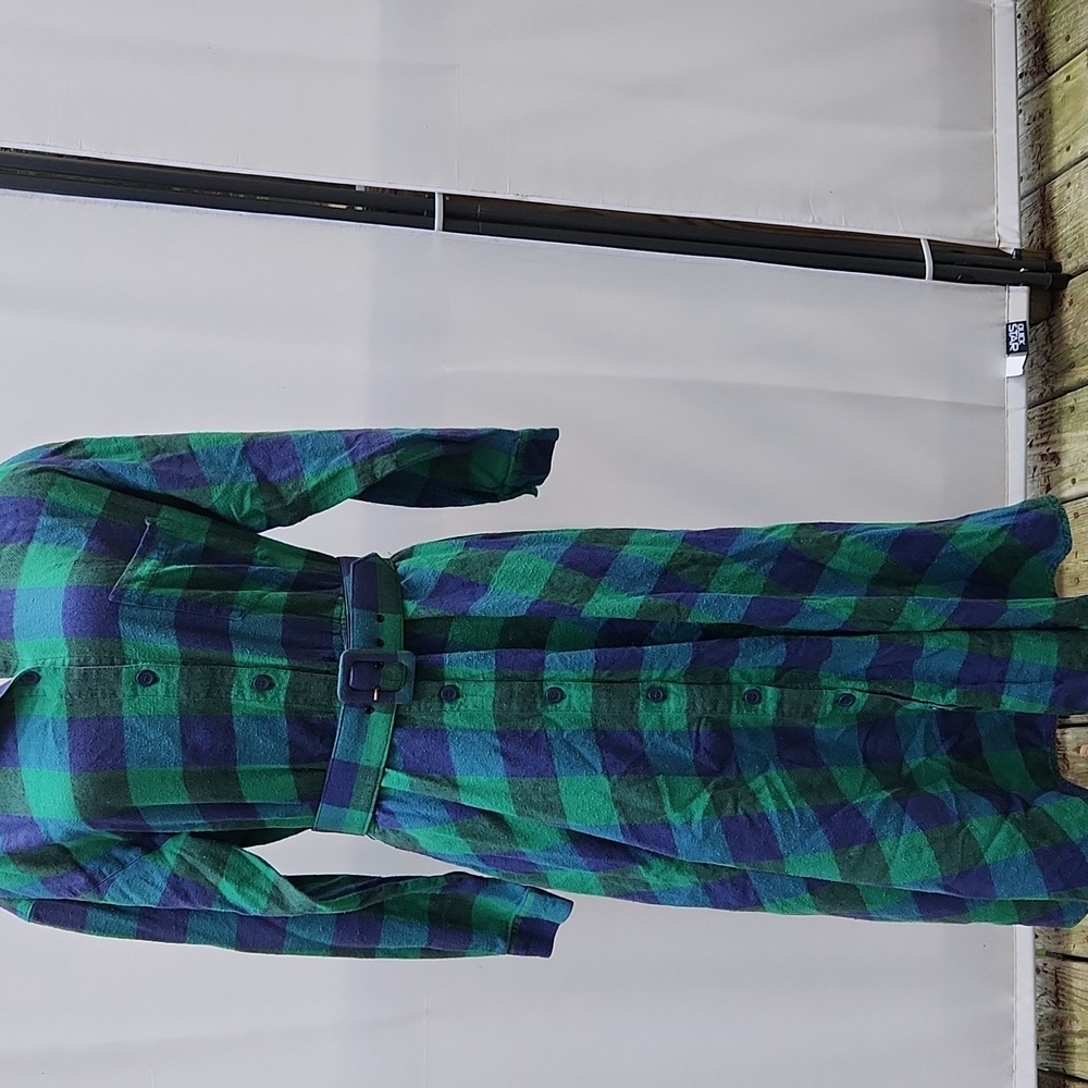 J G Hook Flannel Green and Blue Plaid Belted Button Front Holiday Shirt Dress
